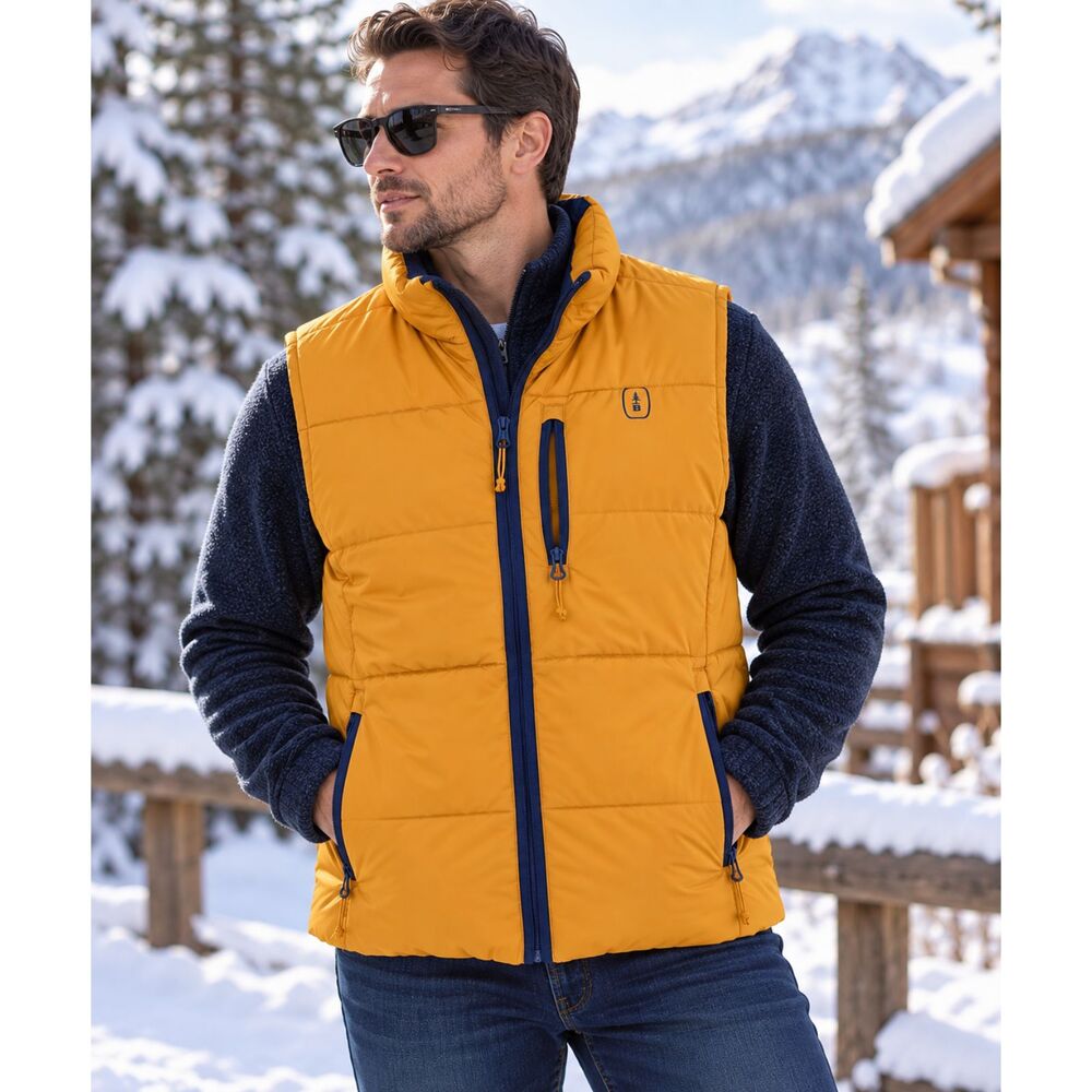Bass Outdoor Men’s Kilted Glacier Puffer Vest Large Mustard Yellow Navy